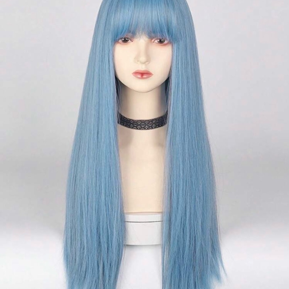 Fashionable Blue Long Straight Synthetic Wig With Bangs